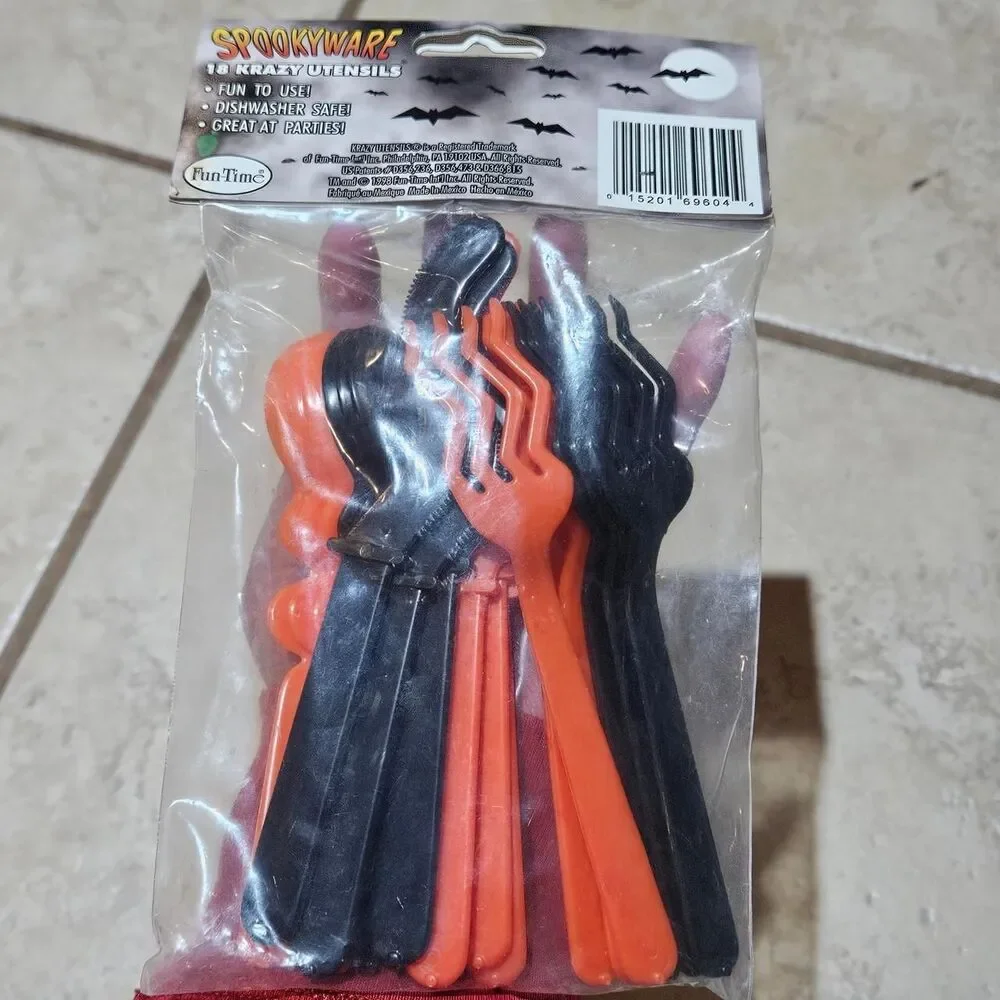 90s Halloween Spooky orange black utensils deadstock